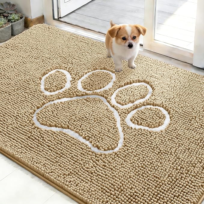 OLANLY Dog Door Mat for Muddy Paws 48x30, Paw Print Design, Absorbs Moisture