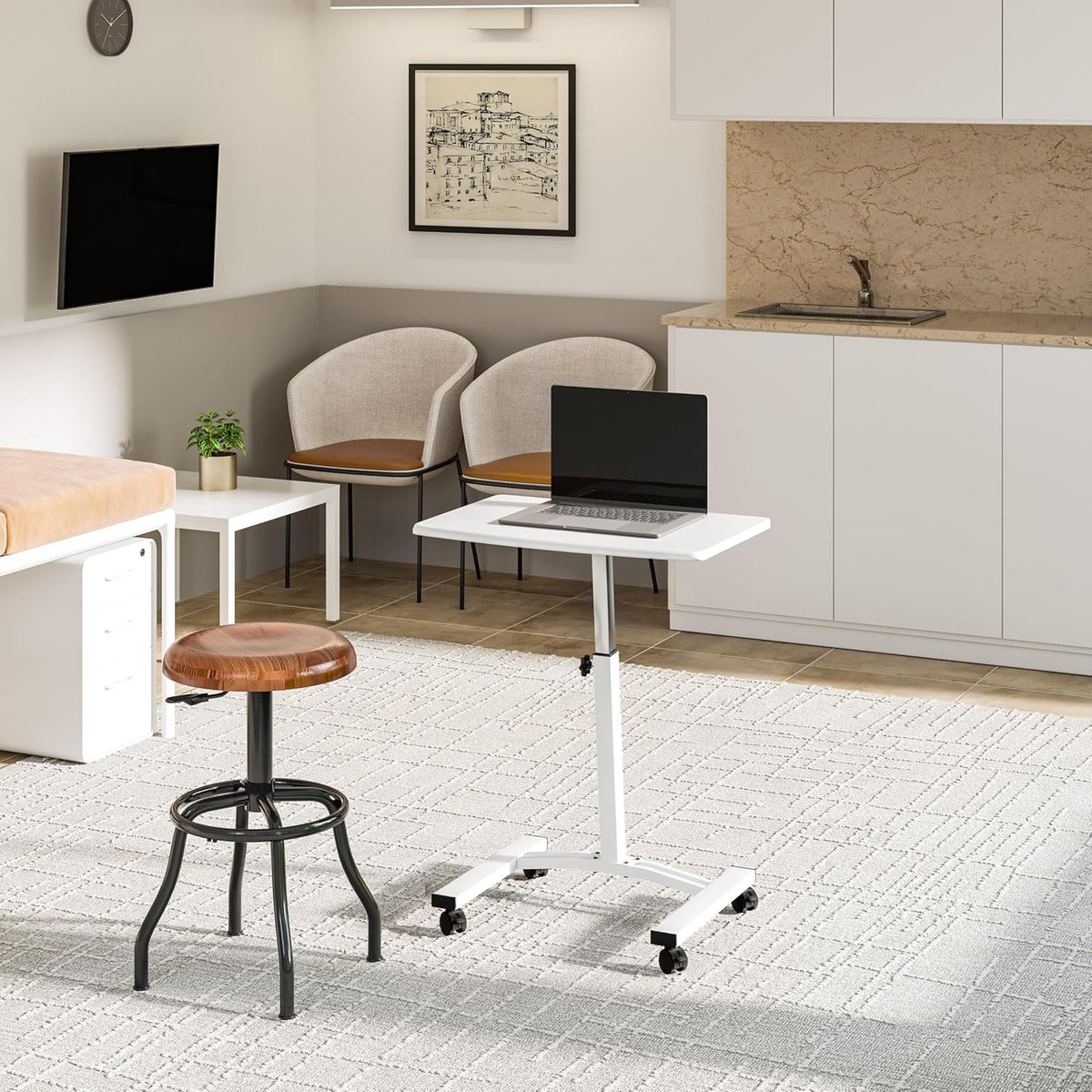 Seville Classics Airlift Mobile Height Adjustable Laptop Stand Computer Workstation for Sitting Classroom Home Office Medical Table w/Wheels, Flat Desk 24", White