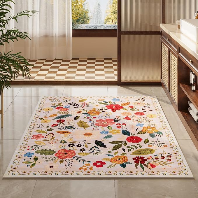 Rugcomf Area Rug 4x6 Rug Washable Boho Rugs Non Slip Low Pile Floral Small