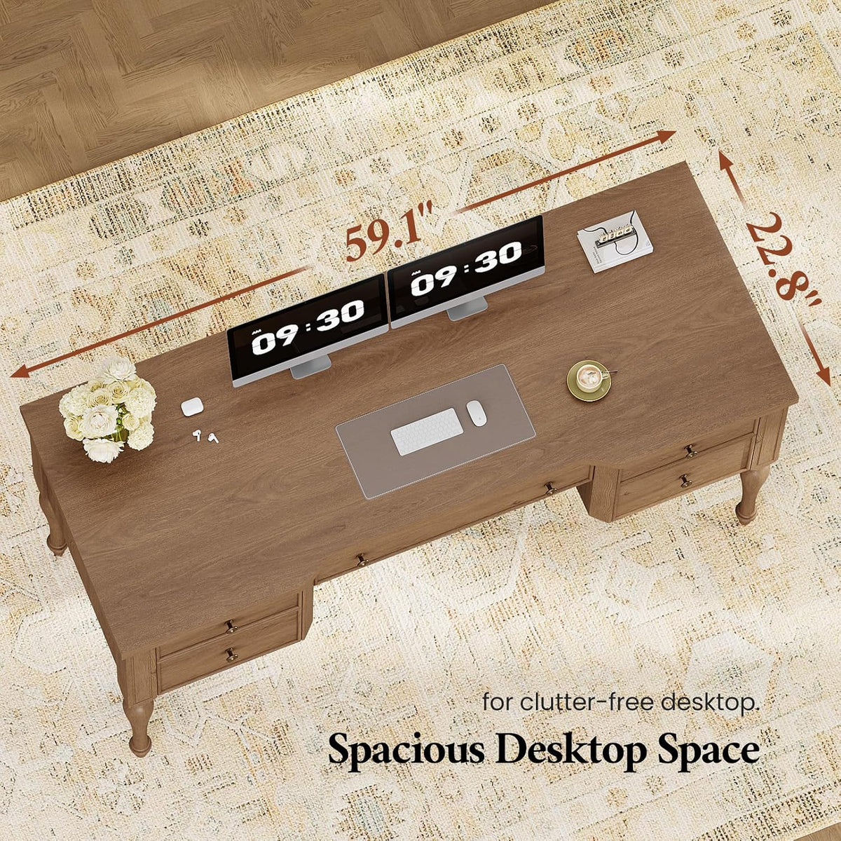 59in Wood Executive Desk with Solid Wood Legs & Keyboard Tray, Brown