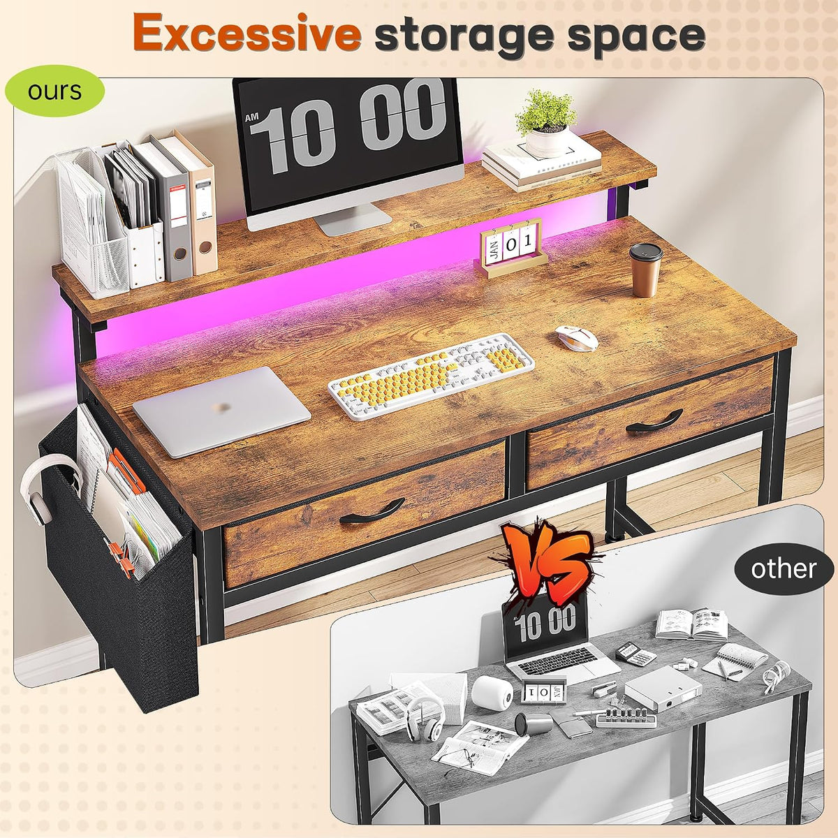 DurayLoly Gaming Desk with 2 Drawers &LED Lights,Space Saving,Rustic Brown