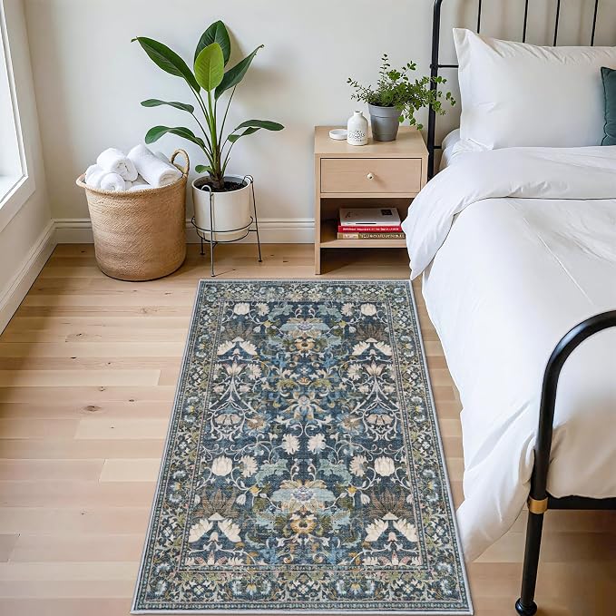 4x6 Living Room Area Rugs: Washable Boho Bedside Rugs Non Slip Low Pile Floral