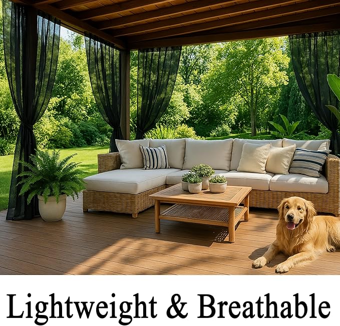 Extra Wide Outdoor Curtains Waterproof Black Voile Mesh Screen Lightweight