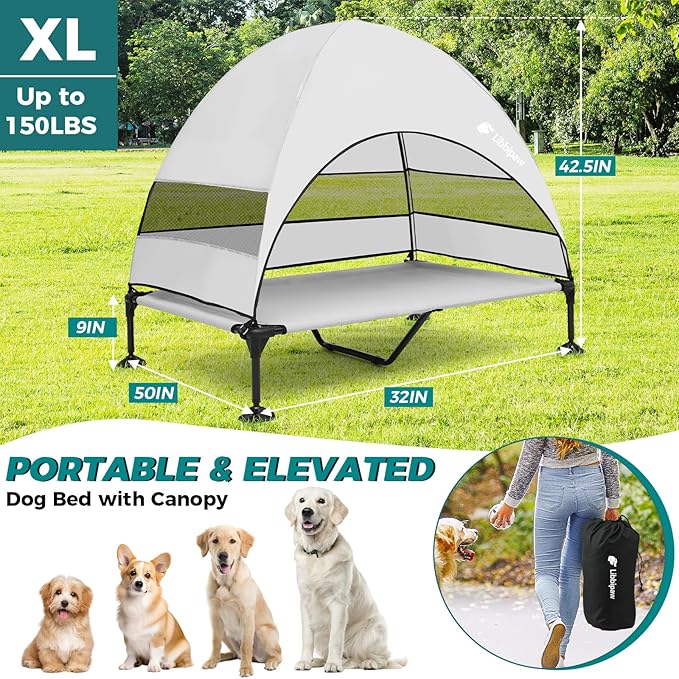 Windproof Elevated Dog Bed with Canopy & Stakes, 3-Sided 90% UV Block, Chew-Proof Teslin Mesh Mat for Large Dogs up to 150lbs(Grey X-Large)