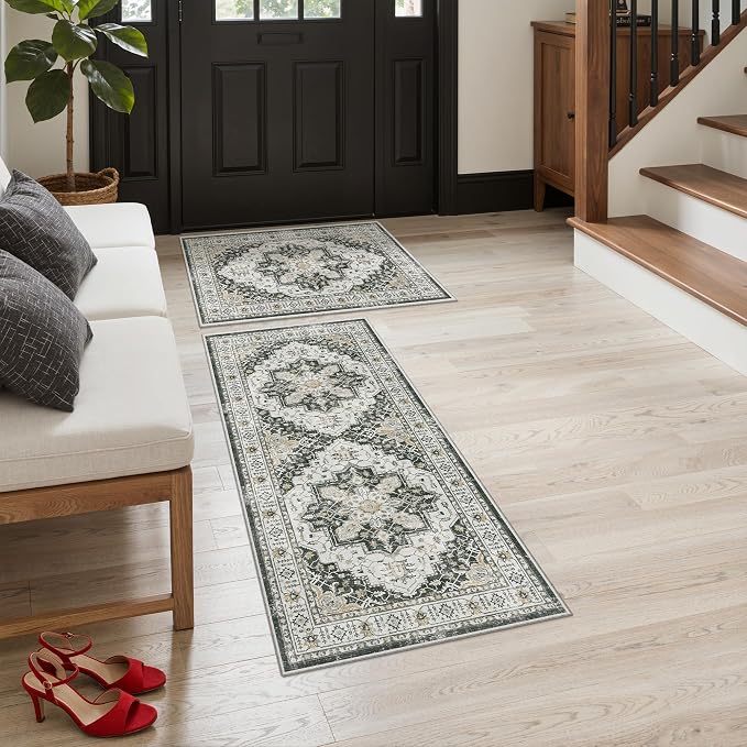 Madane 2-Piece Kitchen Runner Rug Set, Small Area Rug Non-Slip Vintage Door Mat