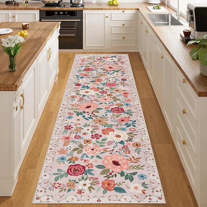 DUKINO Runner Rug for Hallway, 2.6x10 Washable Floral Long Kitchen Rug