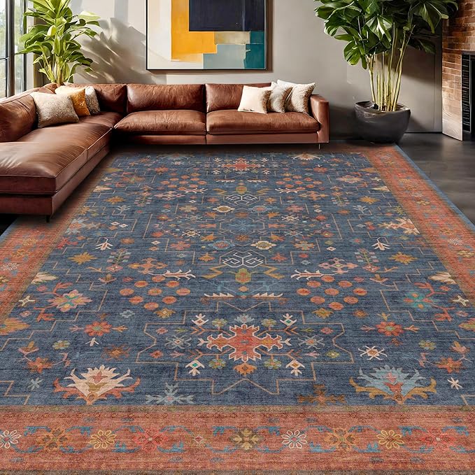 Boho Navy Blue 10x14 Area Rug for Living Room, Extra Large Dining Room Rugs for