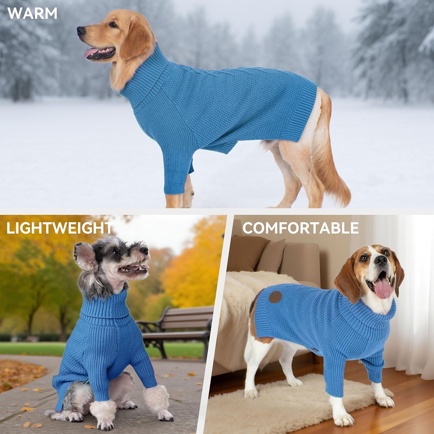 cyeollo 2XL Dog Sweater, Warm Stretchy Sweaters for Large Dogs Boy, Pullover Knitted Thermal Winter Big Dog Clothes with Sleeves, Turtleneck Pet Beagle Border Collie Apparel, Blue XXL