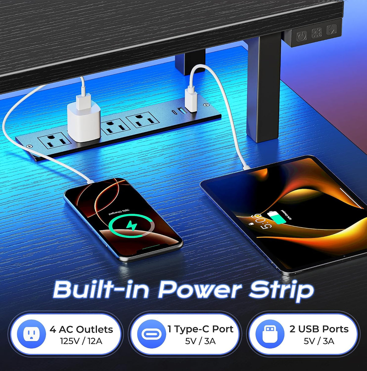 PRAISUN 55 inch Gaming Desk, LED & Power Outlets, Monitor Stand, Black