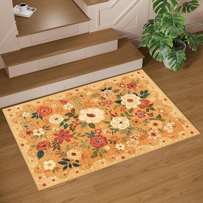 DUKINO 4x6 Area Rug, Lightweight Non Slip Washable Floral Rug, Indoor Low Pile