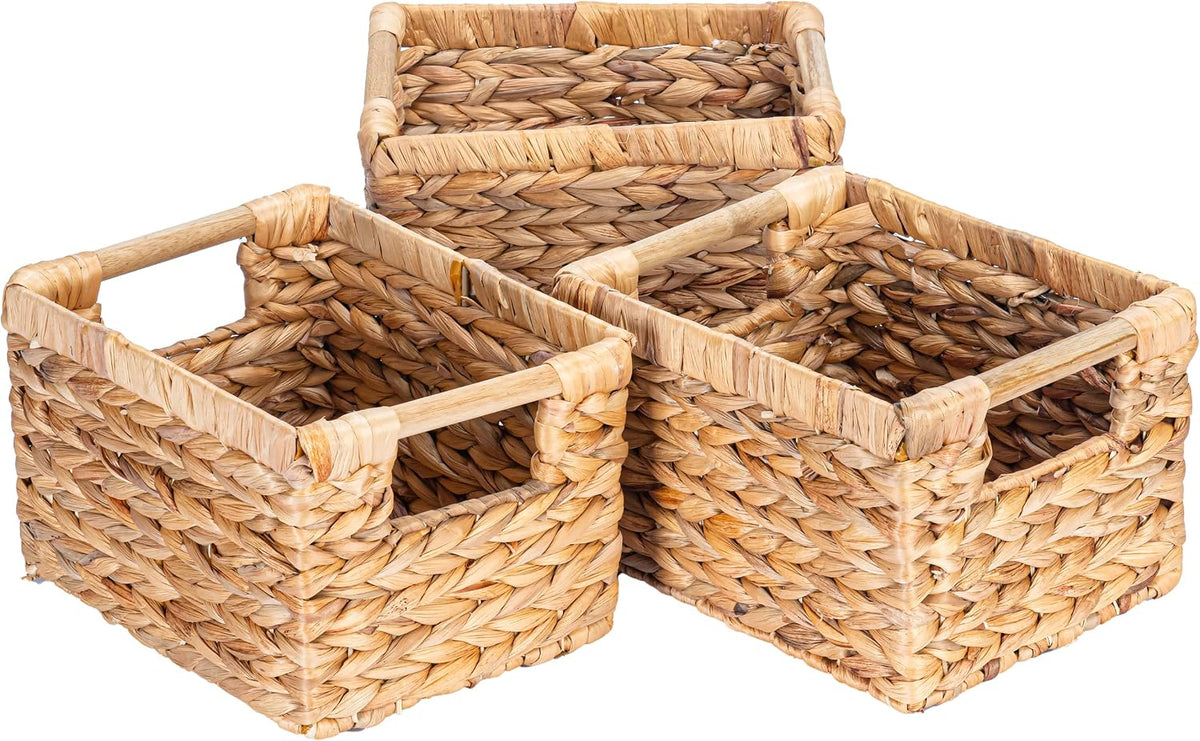 Small Wicker Baskets for Organizing Bathroom, Hyacinth Baskets for Storage, Wicker Storage Basket with Wooden Handle, Decorative Small Basket 10 x 7.5 x 6.3 inches - 3 Pack