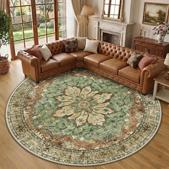RELEANY Area Rugs Round 10ft Washable Non-Slip, Floral Vintage Distress