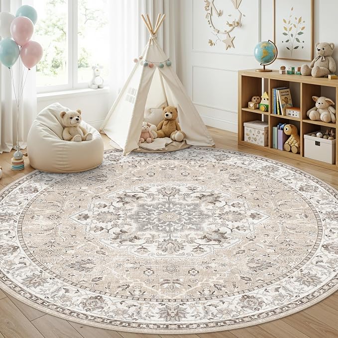 Washable 6ft Circle Round Rug: 6x6 Low-Pile Circular Rug
