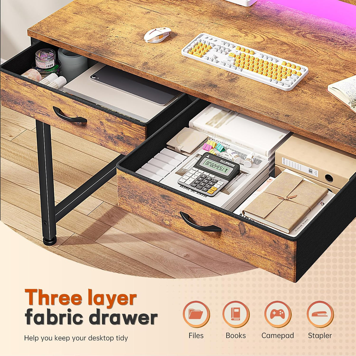 DurayLoly Gaming Desk with 2 Drawers &LED Lights,Space Saving,Rustic Brown