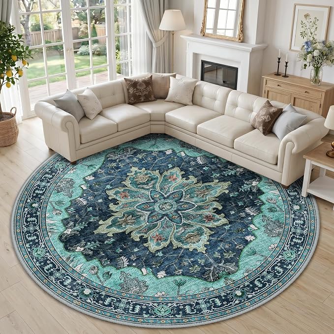 RELEANY Area Rugs Round 10ft Washable Non-Slip, Floral Vintage Distress