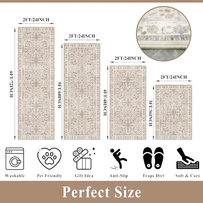 4-Piece Kitchen Rug Set with Runner – Washable Non-Slip Floor Mats