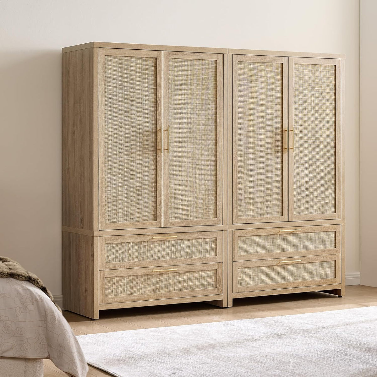 SICOTAS 71 inch Wardrobe Closet, Boho Rattan Armoire Wardrobe with Drawers