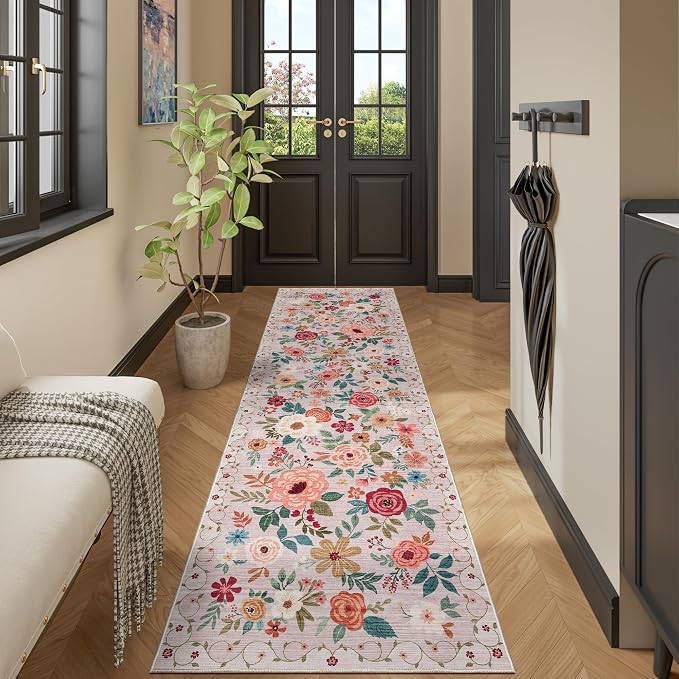 DUKINO 2.6x12 Kitchen Runner Rug, Lightweight Floral Washable Rug