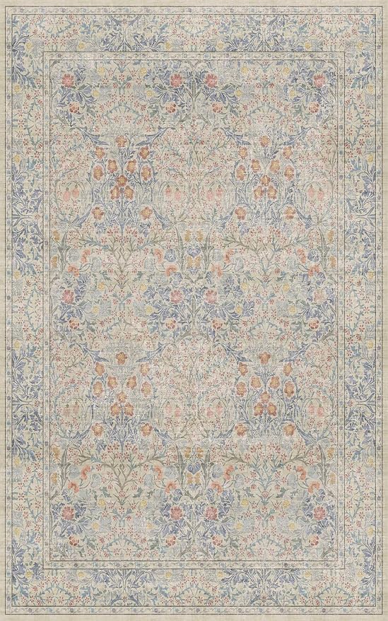 Washable Beige Blue 5x8 Area Rug