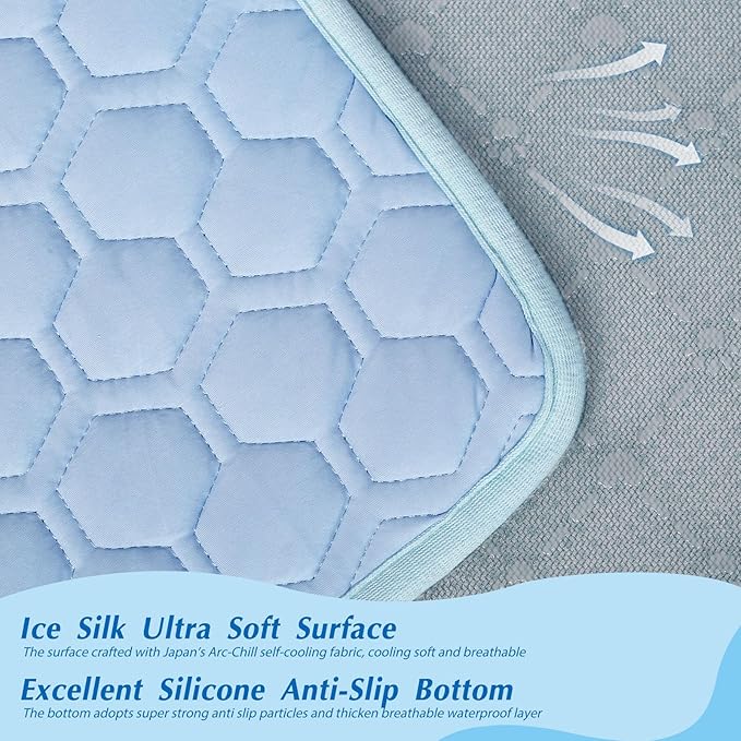 Cooling Mat for Large Dogs, Thick Breathable Dog Cooling Mat Q-MAX>0.45, Cooling Bed Chill Cool Fiber & Non-Slip Bottom Cold Crate Pad Kennel Bed for Dog Puppy and Cat, Non-Toxic, Foldable & Washable