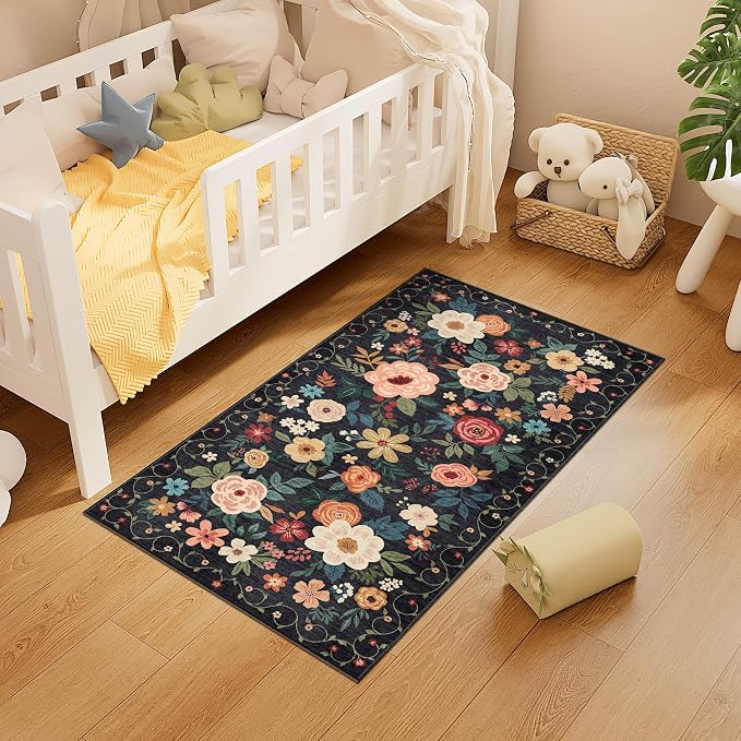 DUKINO 2x4 Rug for Entryway, Washable Kitchen Floral Runner Rug