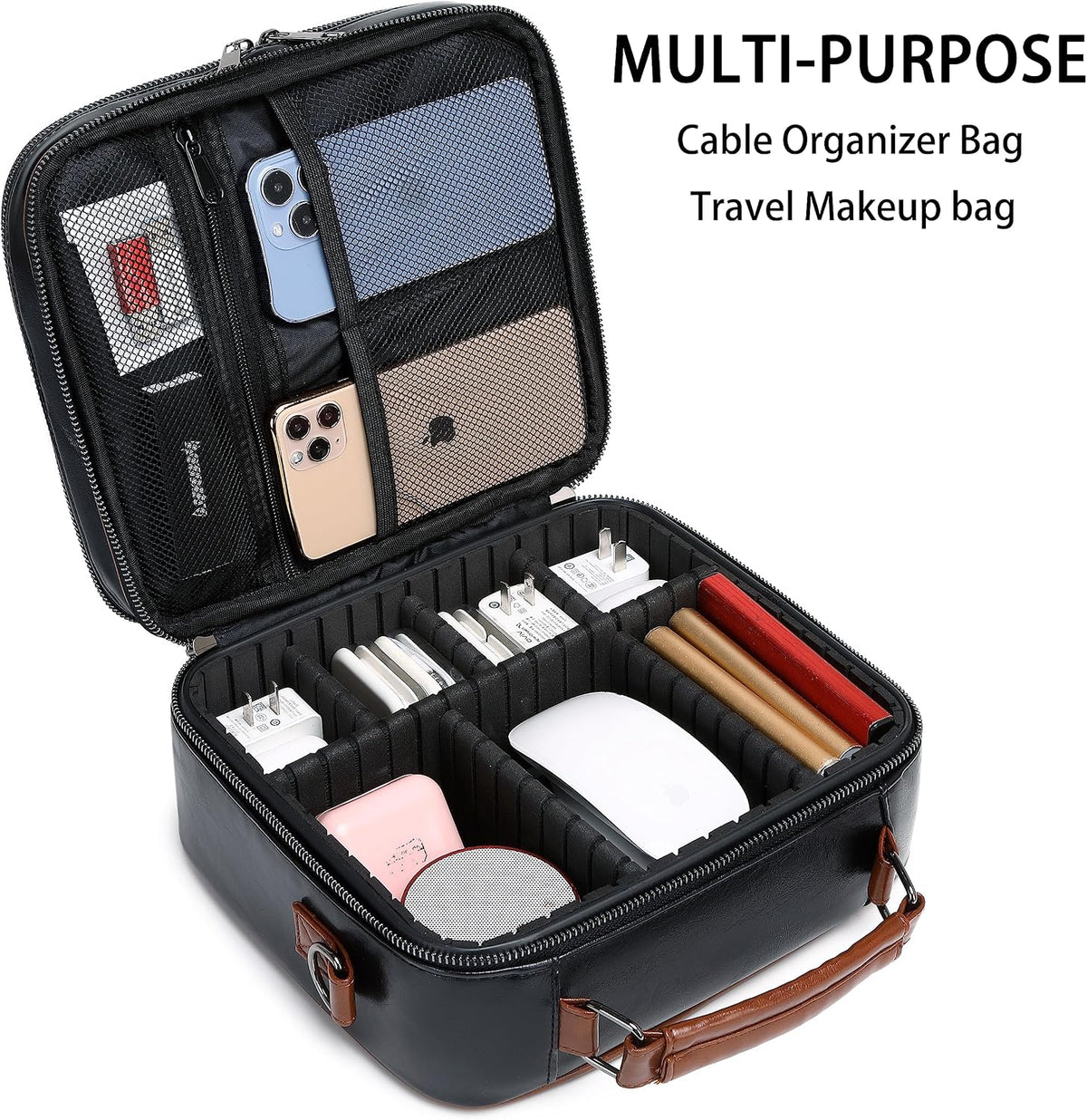 KYALOU Electronics Travel Organizer, Large Electronic Accessories Cable Case with Adjustable Dividers, Waterproof Tech Storage Bag Gifts with Double Layers for Cord, Charger, Power Bank - Black