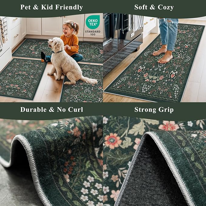 3 Piece Kitchen Rug Set, Washable Non-Slip Kitchen Mats