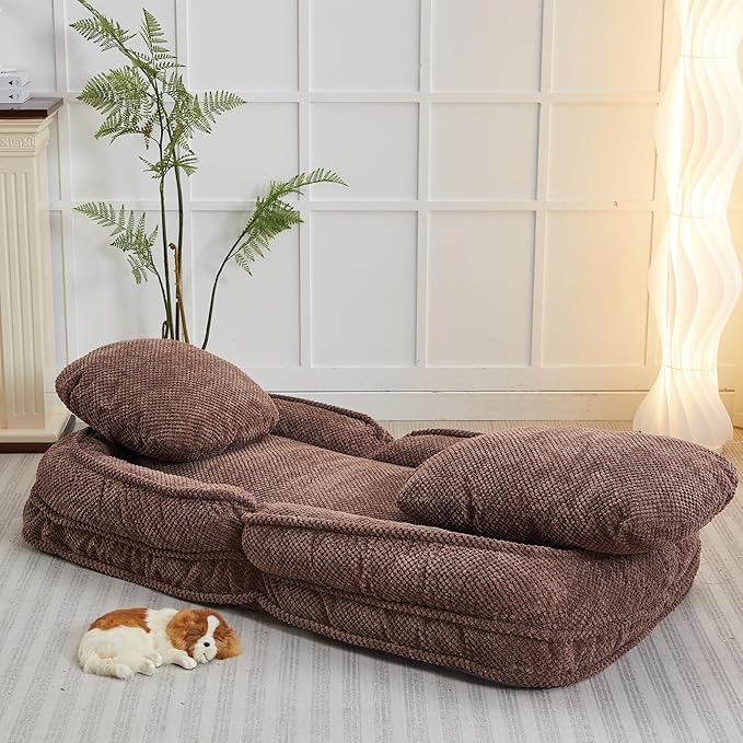 Adjustable 5-Position Human Dog Bed for People, Big Comfy Plush Floor Gaming Lazy Sofa Chair with Pillows & Back Support, Foldable Lounge Loveseat Couch for Living Room Bedroom (Brown)