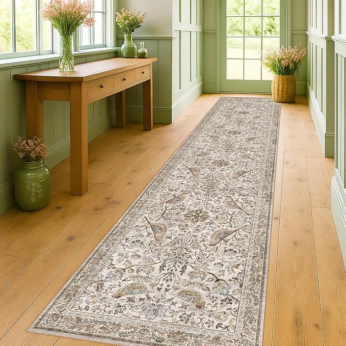 Moss Green 3x12 Wide Hallway Runner Rug, Vintage Brown Taupe Floral Design
