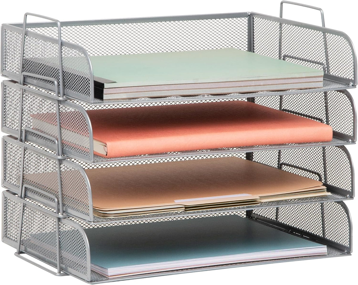 Mind Reader Stackable Paper Tray, Desktop Organizer, File Storage, Office, Metal Mesh, 4 Pcs., Silver