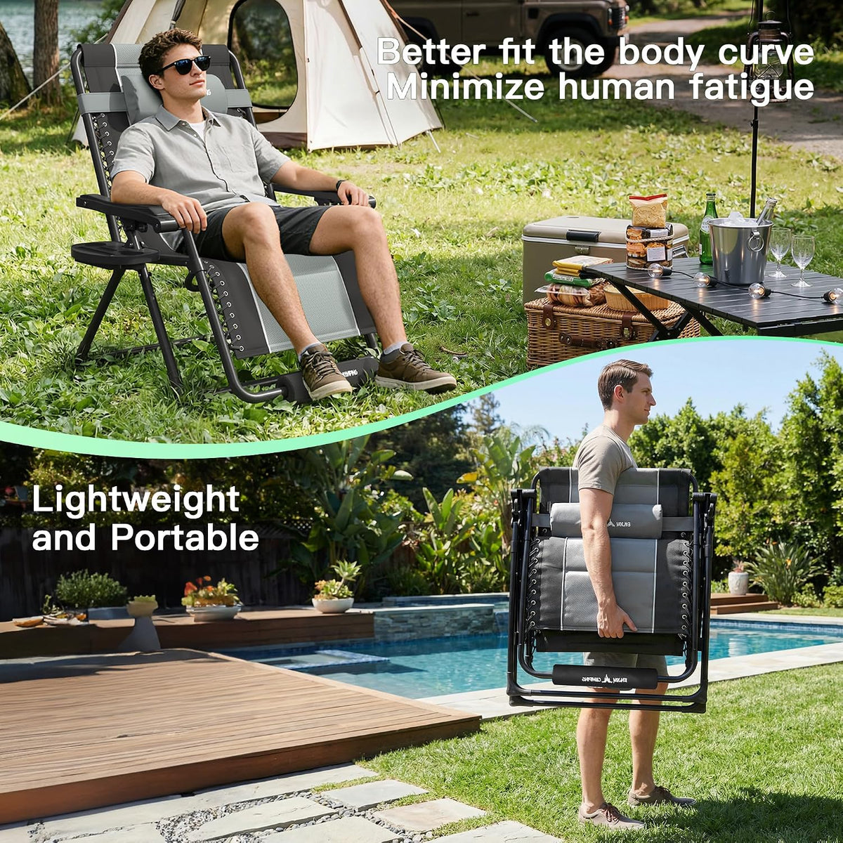 Amopatio XXL Padded Zero Gravity Chairs Foldable Zero Gravity Lounge Chair Outdoor Portable Reclining Chair with Removable Cup Holder/Headrest/Footrest