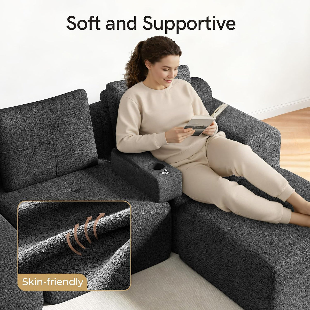 Couch Caddy with Cup Holder, Dark Gray Chenille Armrest Console