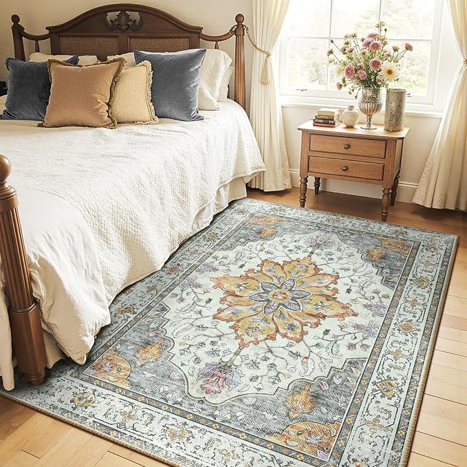 RELEANY Area Rugs 6'x9' Washable Non-Slip, Floral Vintage Distress Medallion
