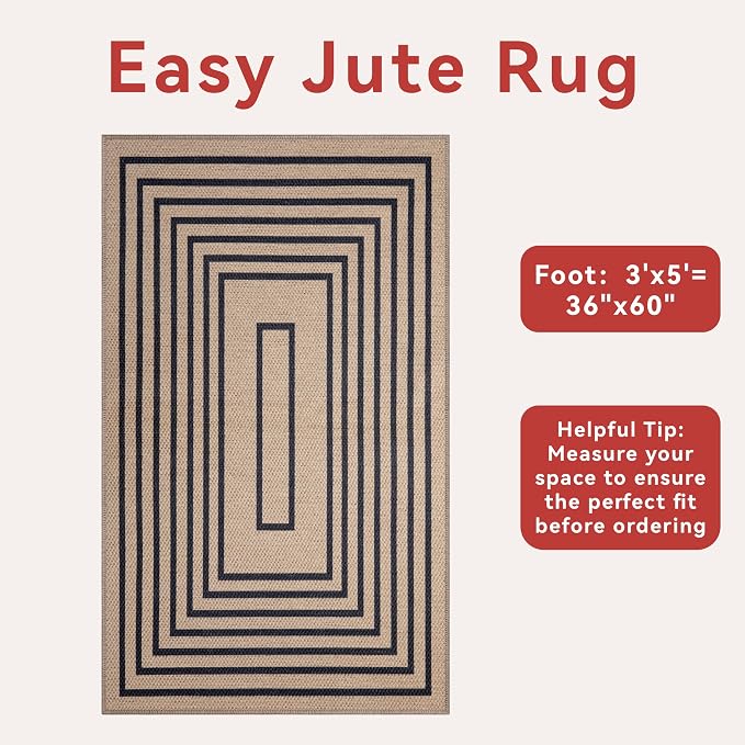 Tangsoo Easy Jute 3x5 Area Rug for Living Room, Non-Slip Black Thin Indoor