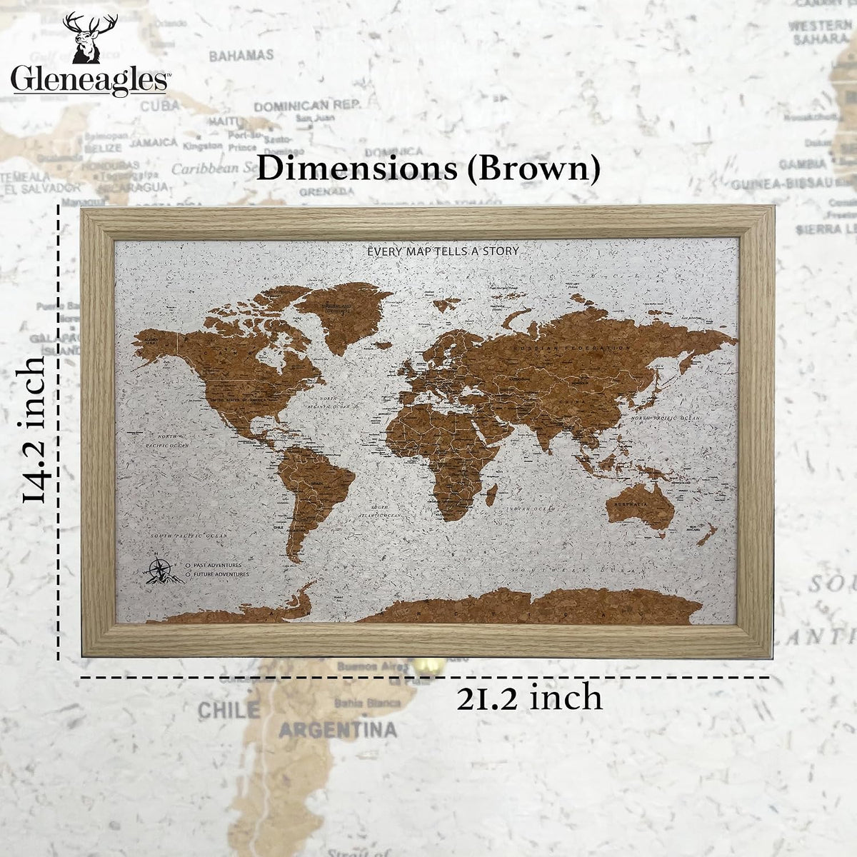 Gleneagles World Travel Map Pin Board - Beige Cork, 70 Pins, Wall Decor