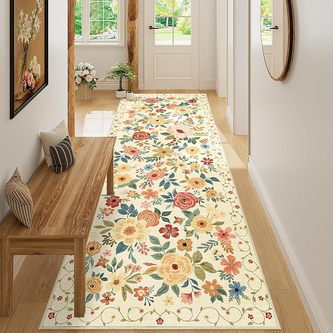 DUKINO 3x8 Washable Runner Rug, Non Slip Soft Floral Hallway Runner Rug