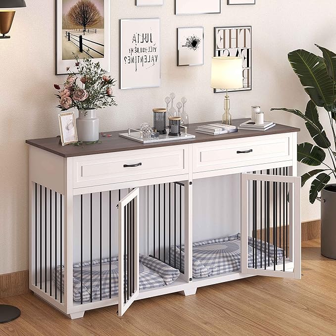 Furniture Style Dog Crate, 72" Large Wooden Dog Kennel with Drawers & Divider, Heavy Duty Indoor Dog Cage with Double Rooms for Large Medium Small Dogs, White
