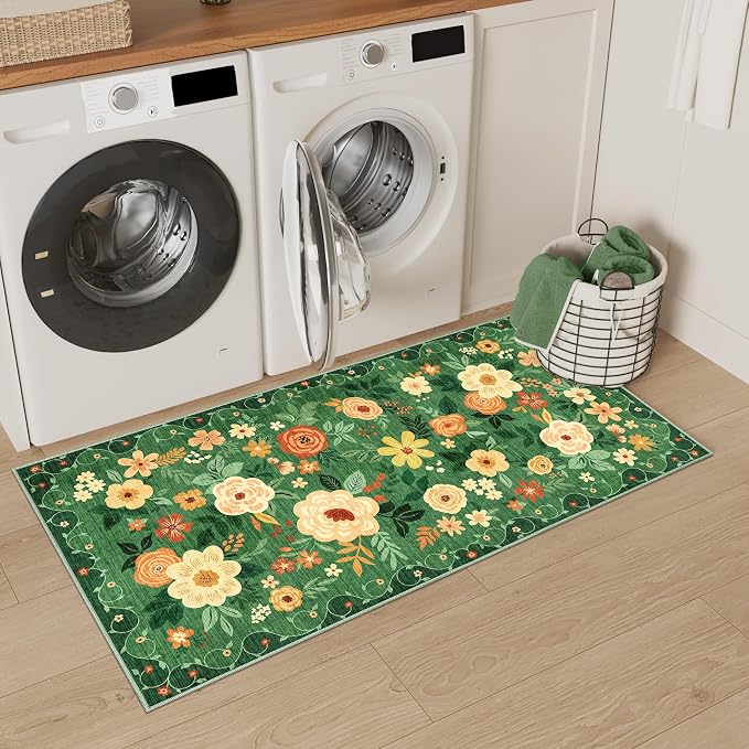 DUKINO 2x4 Rug for Entryway, Washable Kitchen Floral Runner Rug