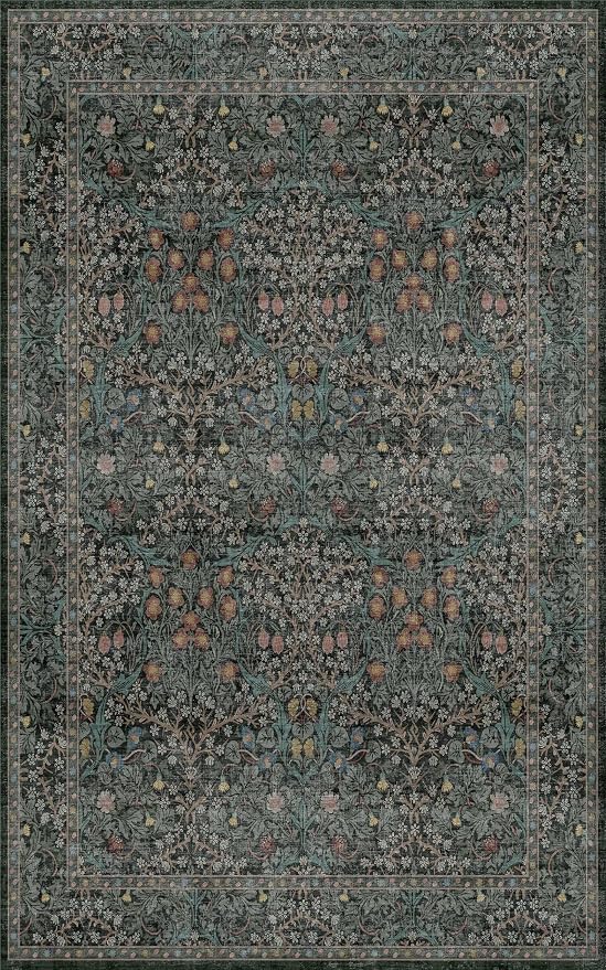 Washable Vintage 5x8 Living Room Rug, Dark Green Floral Area Rug