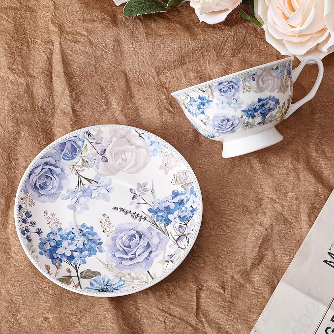 fanquare 6 oz Blue Rose and Hydrangea Porcelain Tea Cup and Saucer Set |