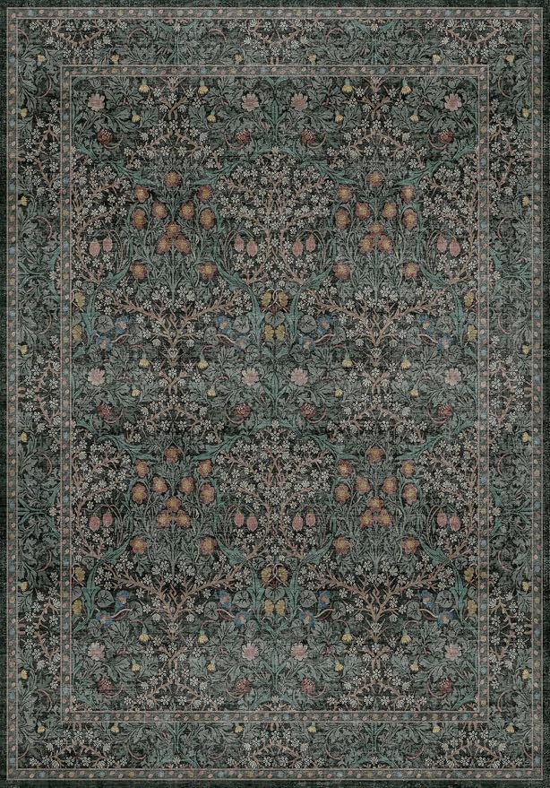 Vintage Dark Green Living Room Rug, 7x10 Washable Area Rugs