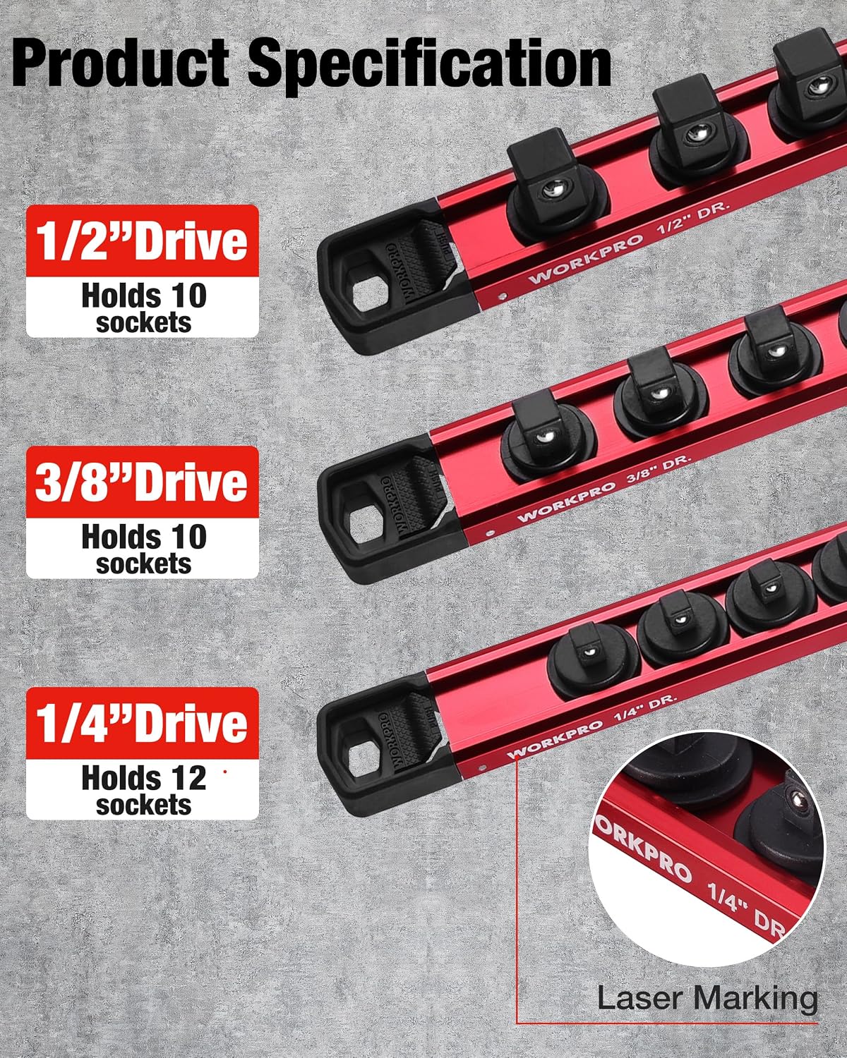 WORKPRO Magnetic Socket Organizer Set, 3-Piece 1/4” 3/8” 1/2” Socket Rails
