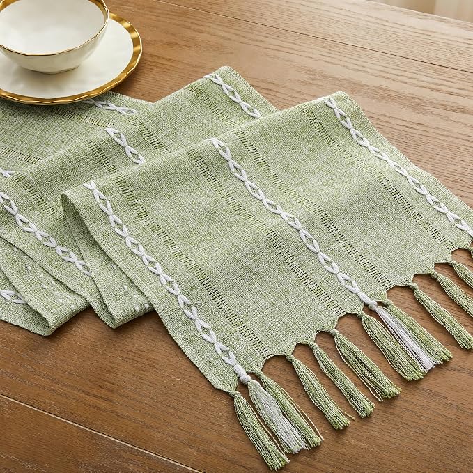 Hemstitched Farmhouse Table Runner, Sage Green 13x72 Inch, Cotton Linen Table