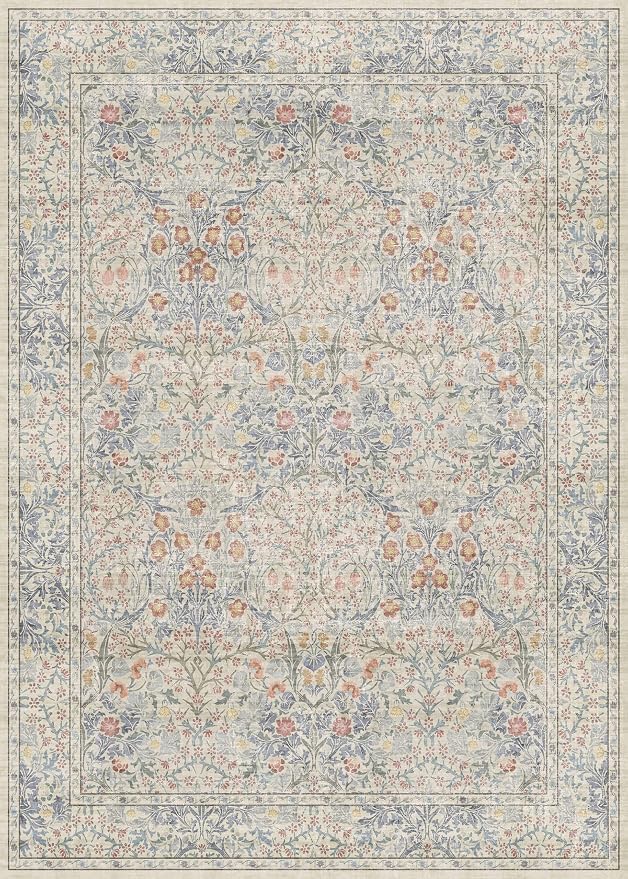 Vintage Washable Beige Blue 10x14 Rug