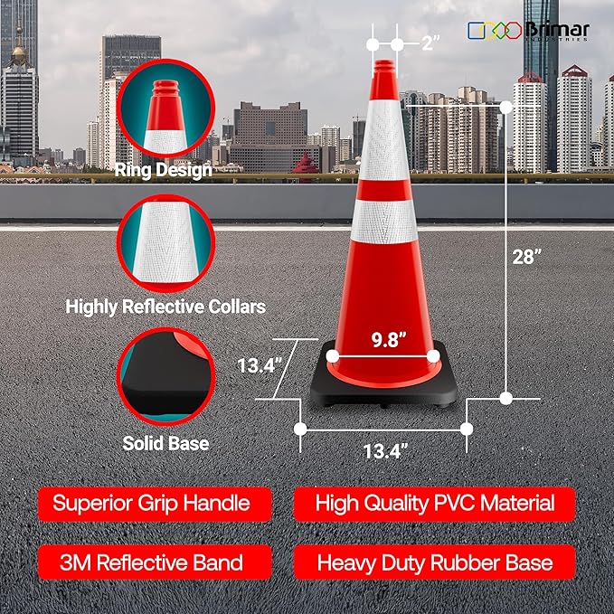 Brimar 28 Inch Traffic Cones, 10 Pack, Orange PVC Safety Cones with Black Base for Construction, Road Parking, MUTCD Approved Traffic Cones with 3M Reflective Bands, Structurally Stable Wearproof