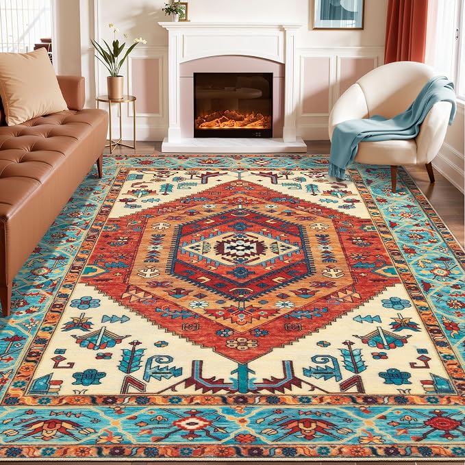 SERISSA Boho Area Rug 8x10 Orange, Washable Large Rugs