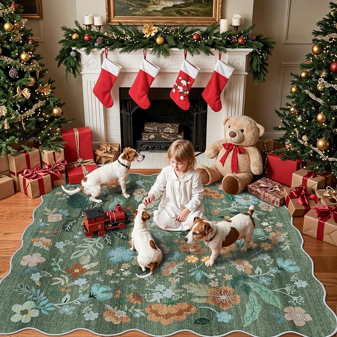 Floral Square Area Rug for Family: Washable 5x5 Scalloped Carpet for Living