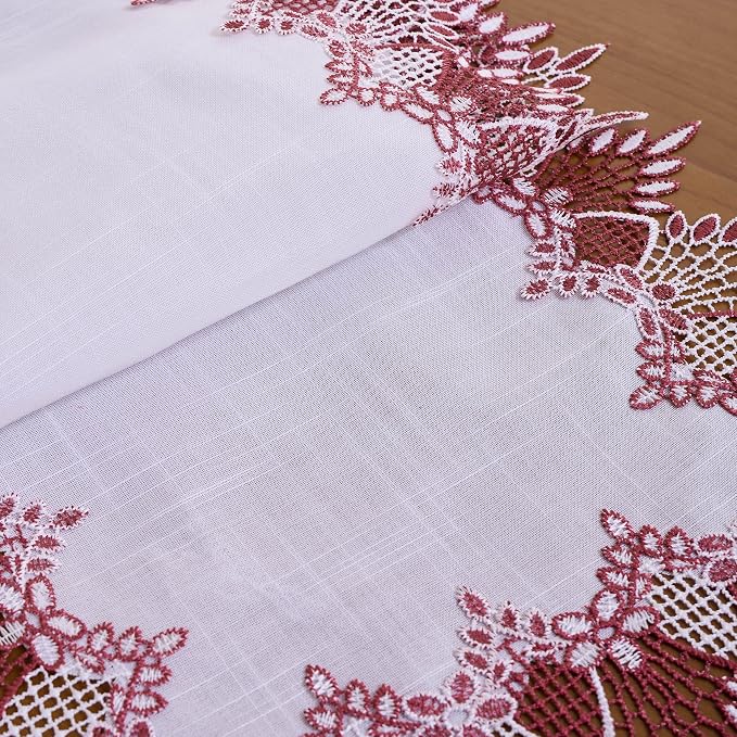 White Linen Lace Table Runners, Dresser Scarf | Red White Lace edge, Wedding