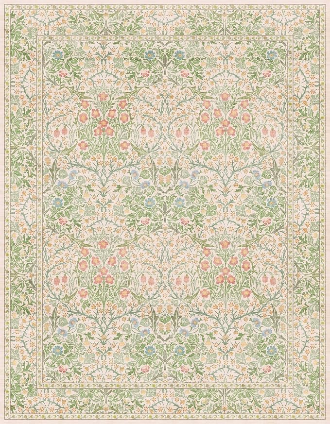 Hazo Haus Light Beige Green Floral Living Room Rug, 7x9 Washable Area Rug