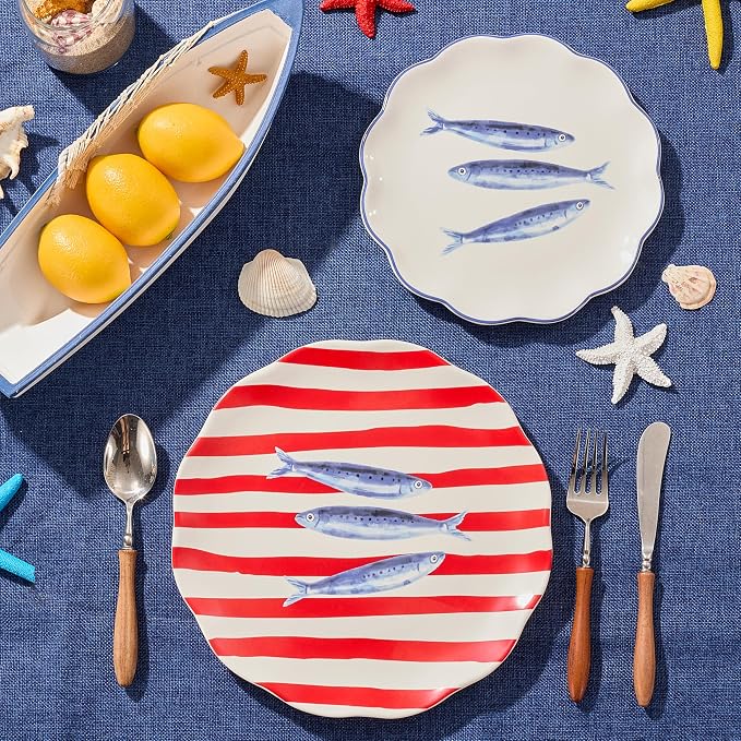Bico Ocean Wonders Scalloped Salad Plates Set of 4, 8.75 Inch Ceramic Dessert